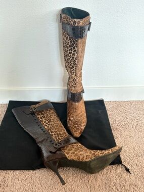 Donald J. Pliner Leopard Print Knee-High Boots with Dark Brown Croc Trim